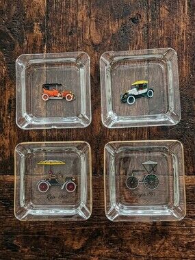 VTG Clear Glass Antique Car Ashtrays Set of 4 Classic Automobiles Gold Rim